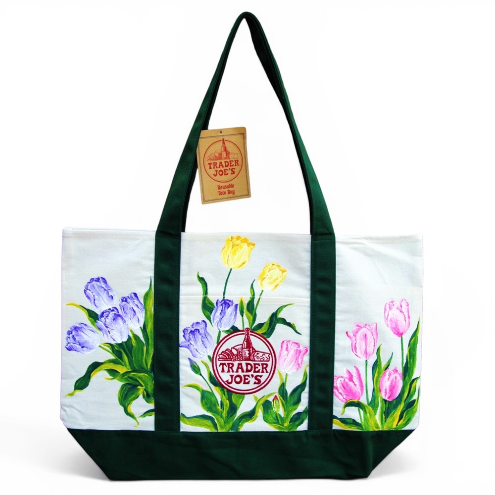 Hand Painted Trader Joe’s‎ Canvas Tote Bag Tulip Design Green Trim Spring Garden